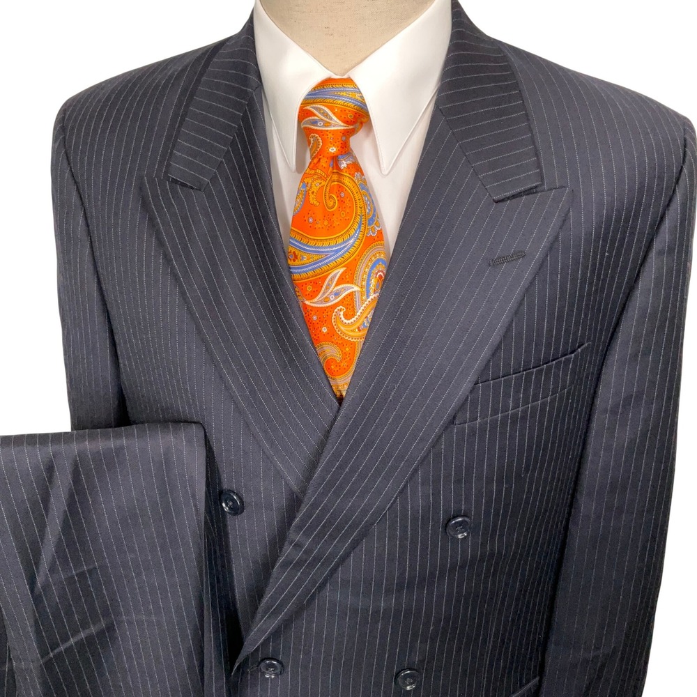 Jones New York Suit Mens 44 Long Navy Blue Pinstripe Double Breast Classic Wool